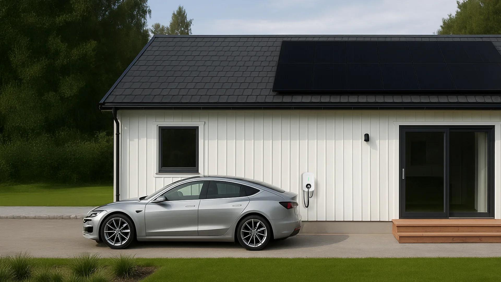 En bil lader utenfor et hvitt hus med solceller på taket